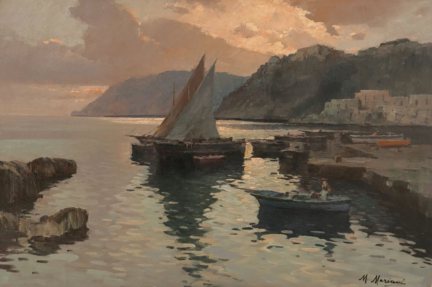 MARIO MARIANI Signé Vtg cMid-Lt Peinture italienne des années 1960 Port côtier tranquille