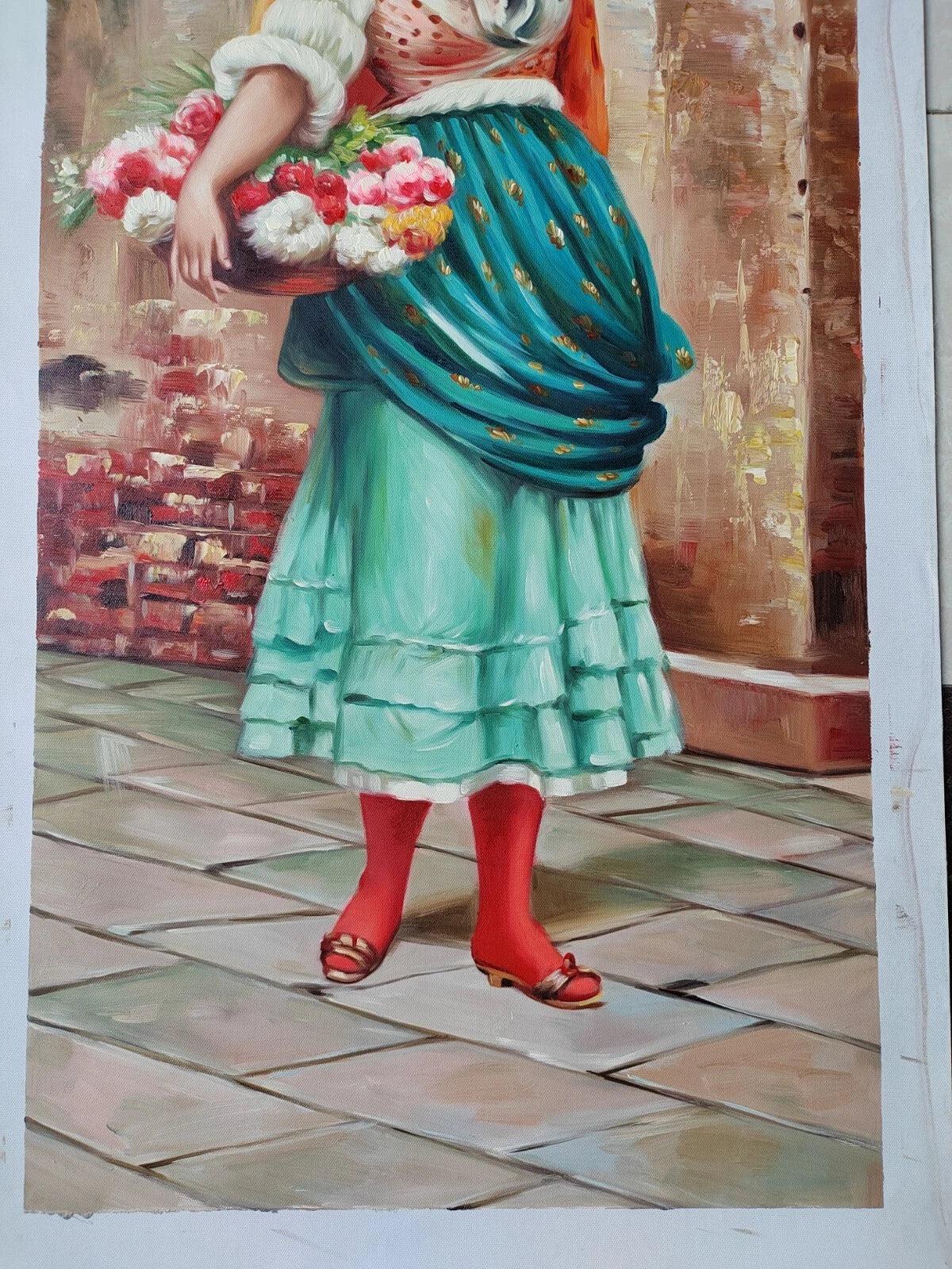 art-decoration-tableau-peinture-huile-toile-portrait-feminin-femme-marchande-fleurs - Kikooyou Art Gallery