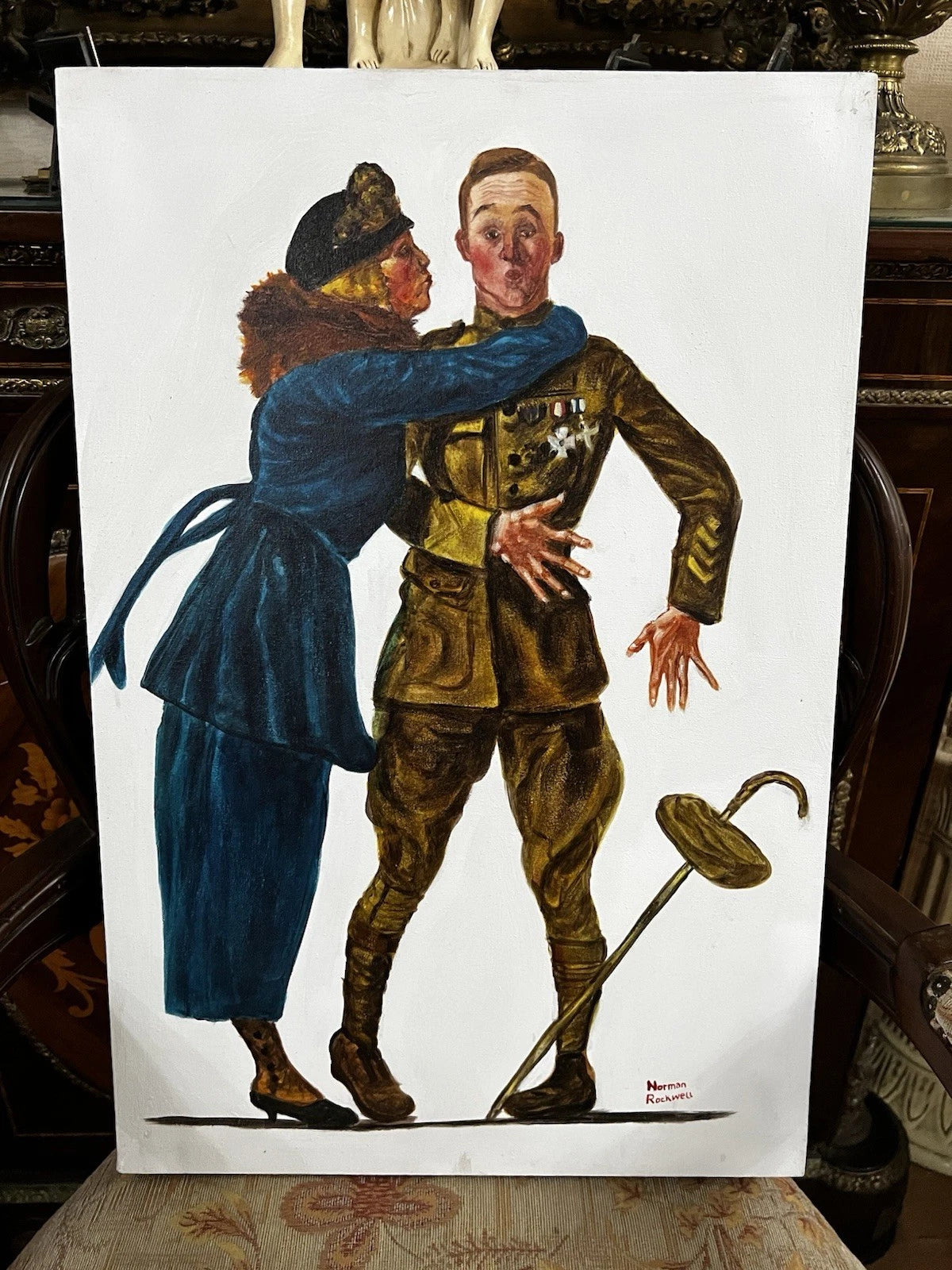 art-decoration-tableau-peinture-huile-toile--scene-genre-personnages-retour-soldat