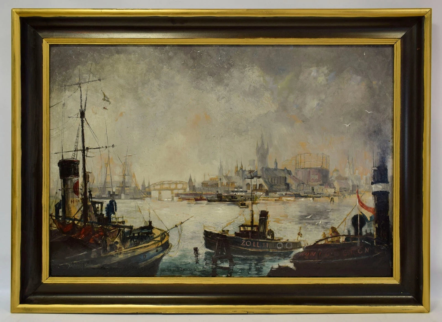 1900-1930 Tableau ancien Port de Hambourg, signé Johannes Kuhn, huile 117,5x86cm