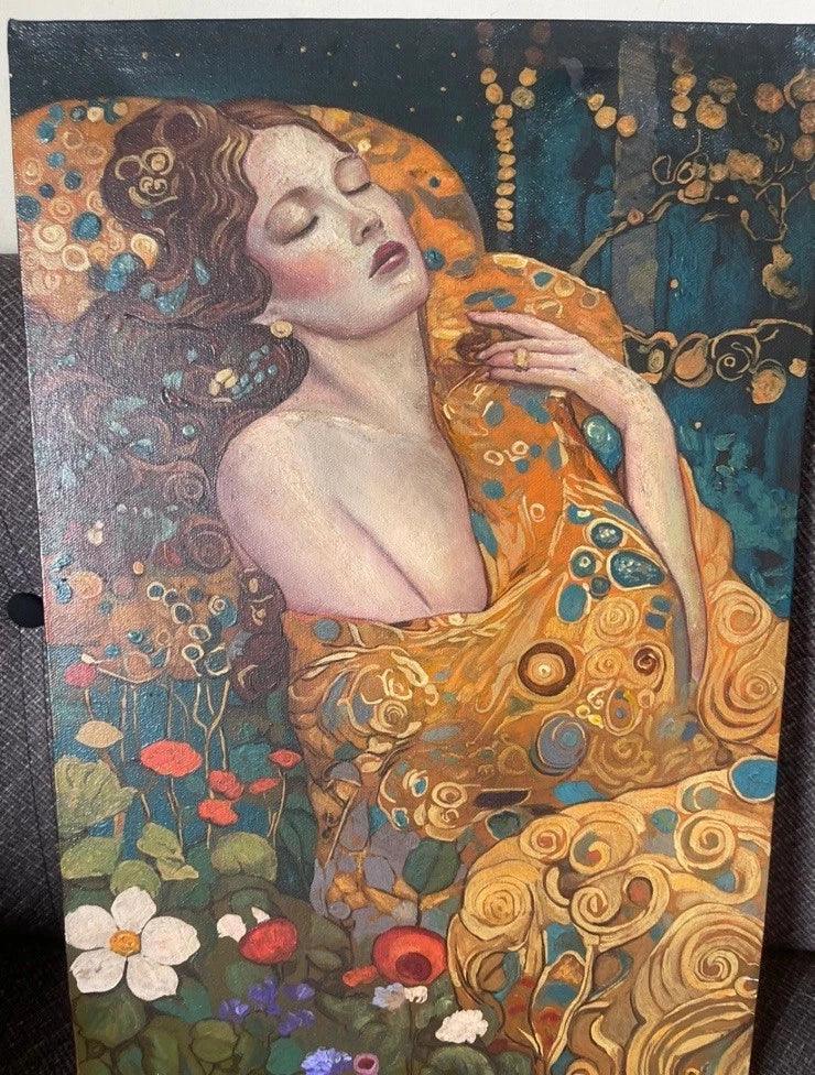 art-decoration-tableau-peinture-huile-toile-portrait-feminin-femme-la belle endormie-à la manière de Klimt - Kikooyou Art Gallery