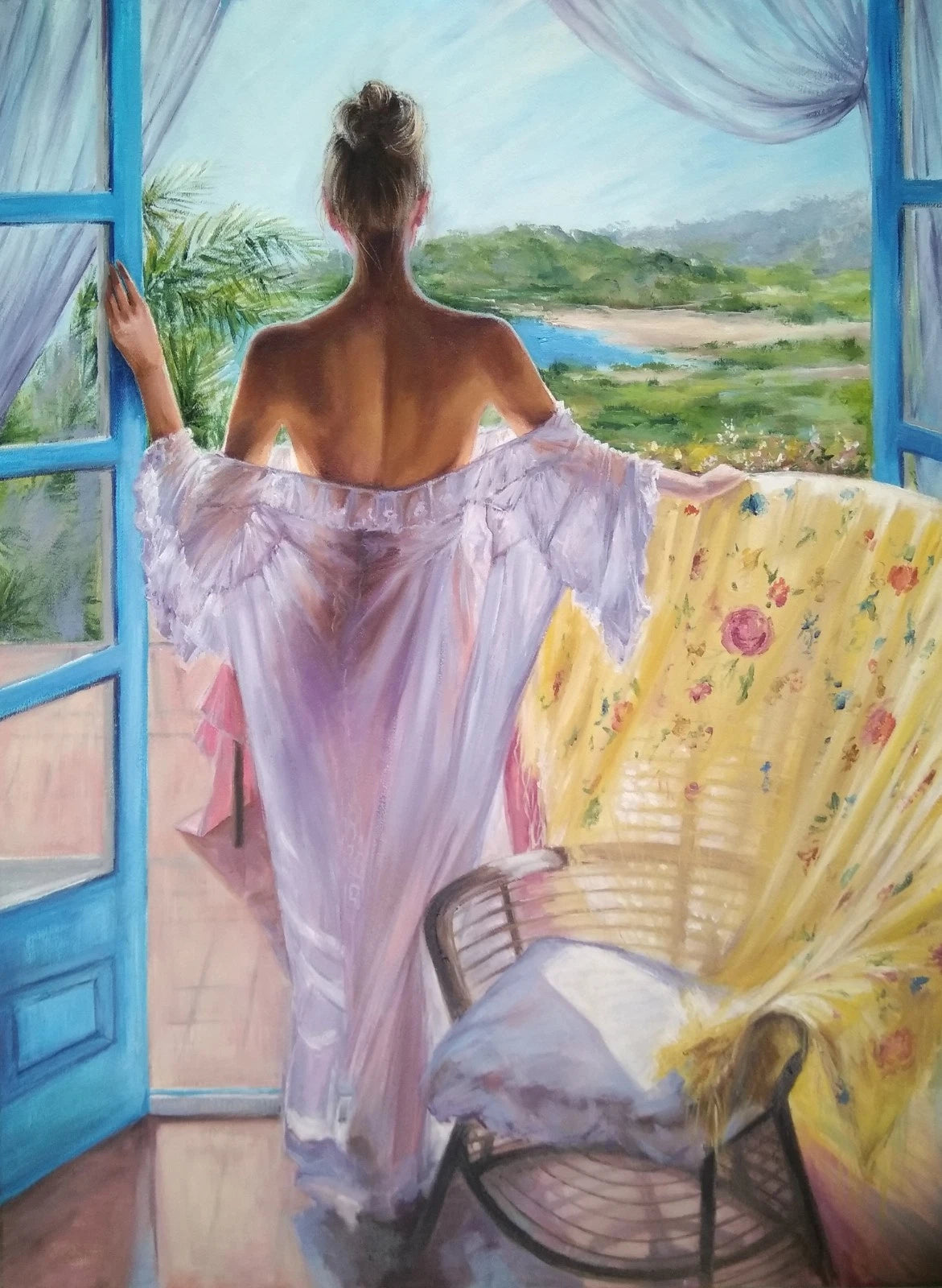 Grande peinture à l'huile sur toile romantique femme du matin près de la fenêtre