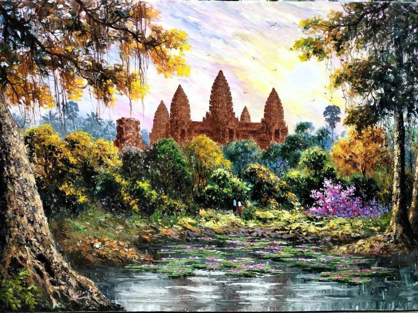 Peinture à l'huile art mural temple Angkor cambodge paysage campagne originale - Kikooyou Art Gallery