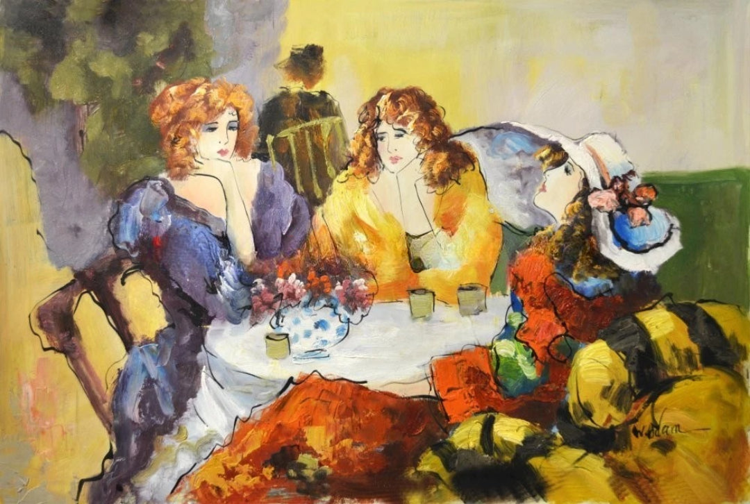 art-decoration-tableau-peinture-huile-toile-moderne-scene-personnages-femmes-elegantes-chapeau-café