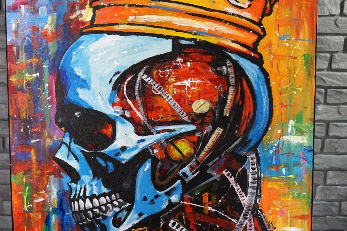portrait homme tete mort couronne tableau peinture huile sur toile signée - Kikooyou Art Gallery