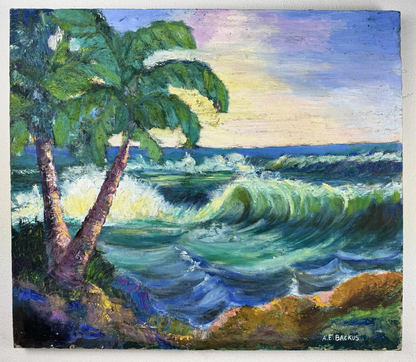 art-decoration-tableau-peinture-huile-toile-paysage-marin-cocotier-plage-ocean