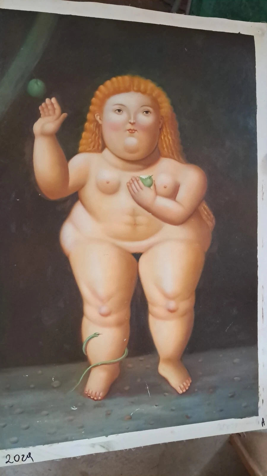 art-decoration-tableau-peinture-huile-toile-portrait-femme-nue-Eve-peintre-d'apres Botero (Copie)