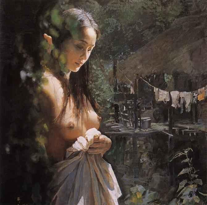 portrait femme asiatique nue peinture huile sur toile signée - Kikooyou Art Gallery