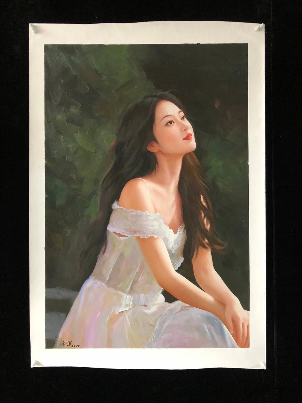Peinture à l'huile sur toile peinte à la main belle femme chinoise en robe blanche par Leng Jun - Kikooyou Art Gallery