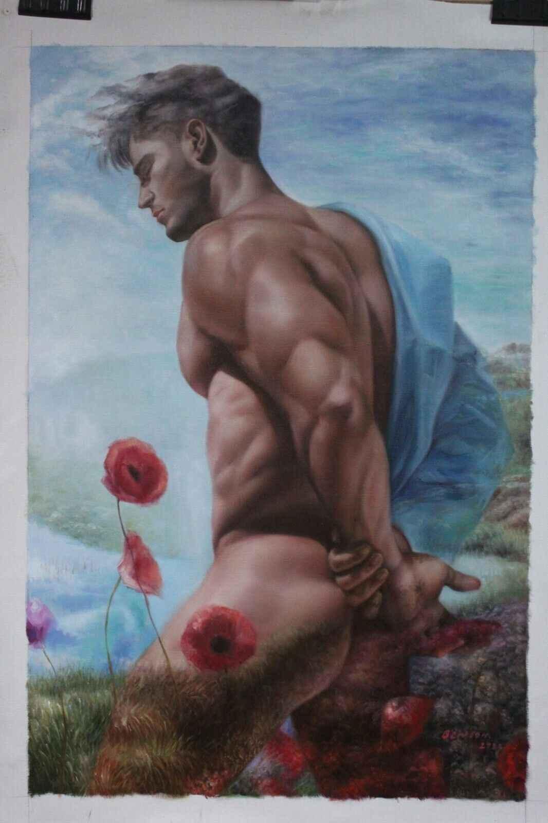 Portrait homme nu sexy en peinture huile sur toile signée - Peinture homme nu sexy - Kikooyou Art Gallery