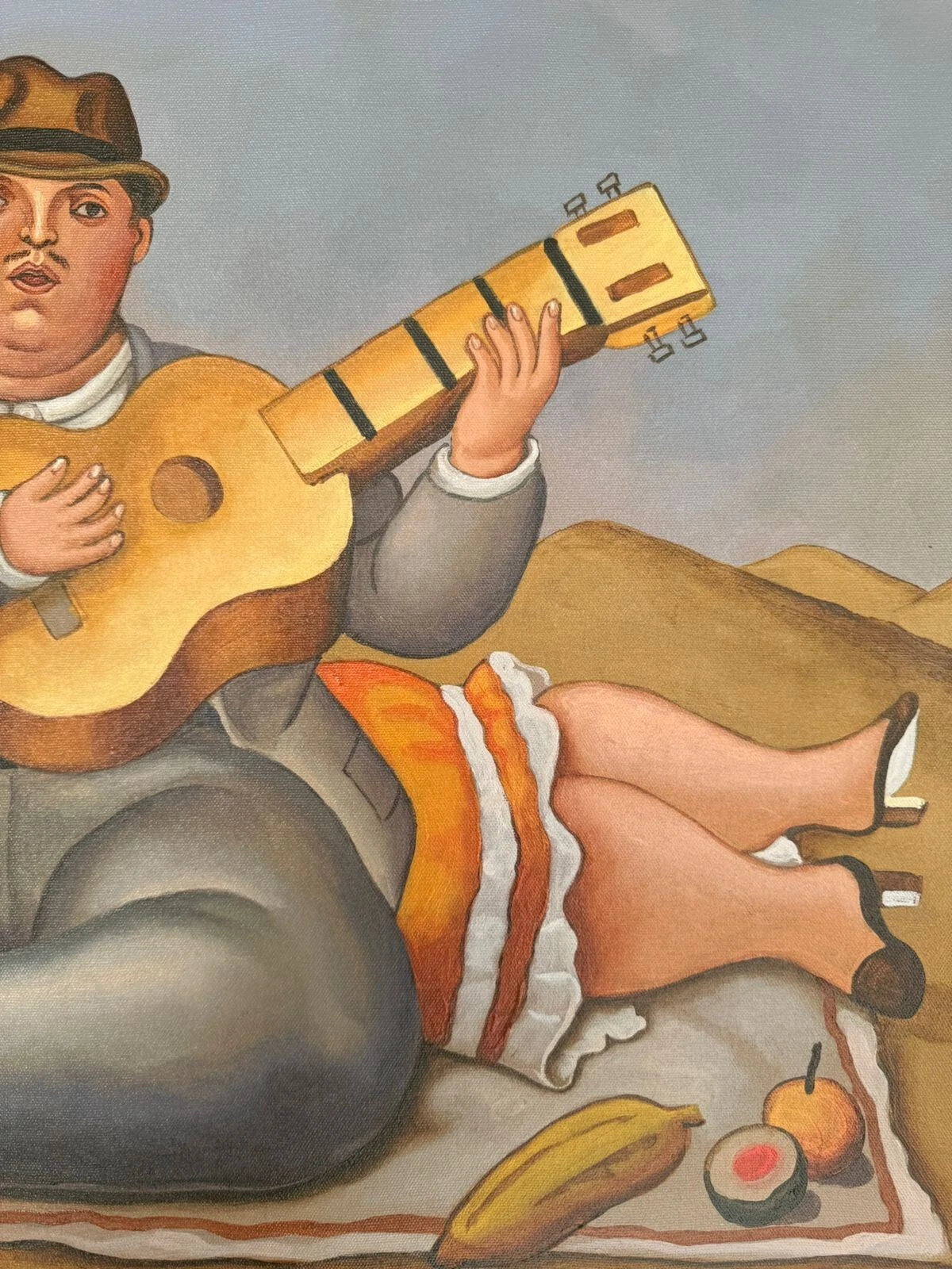 art-decoration-tableau-peinture-huile-toile-scene-piquenique-guitare-fat-d'apres Botero