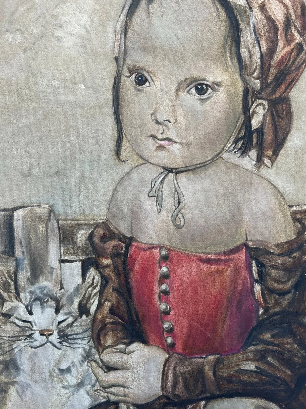 art-decoration-tableau-peinture-huile-toile-moderne-portrait-petite-fille-personnage-enfant-chat-d'aprés Tsuguharu Foujita