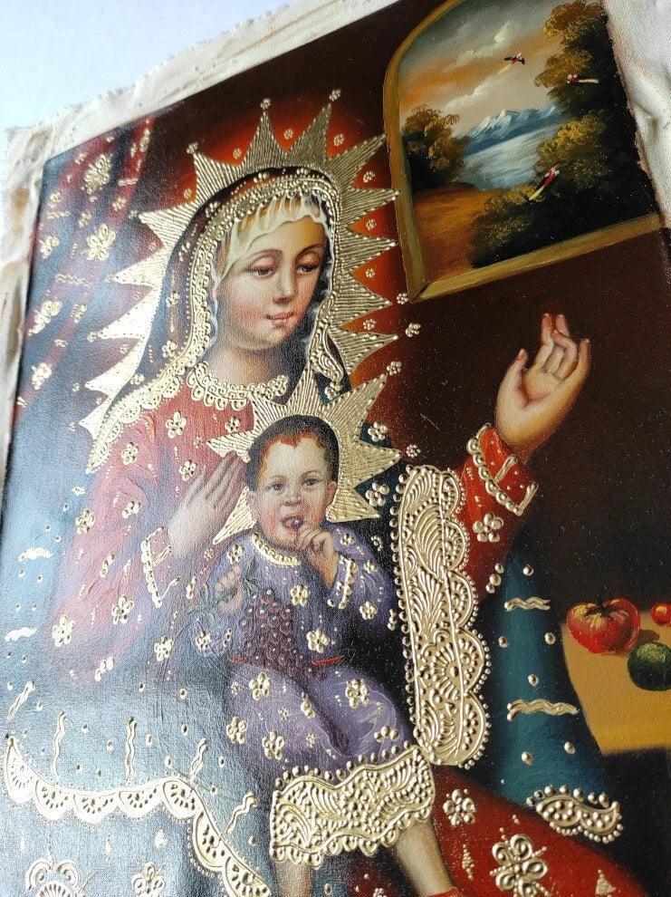 Vierge à l'Enfant, Peinture à l'huile peinte à la main, Art catholique, Peinture Cuzco - Kikooyou Art Gallery