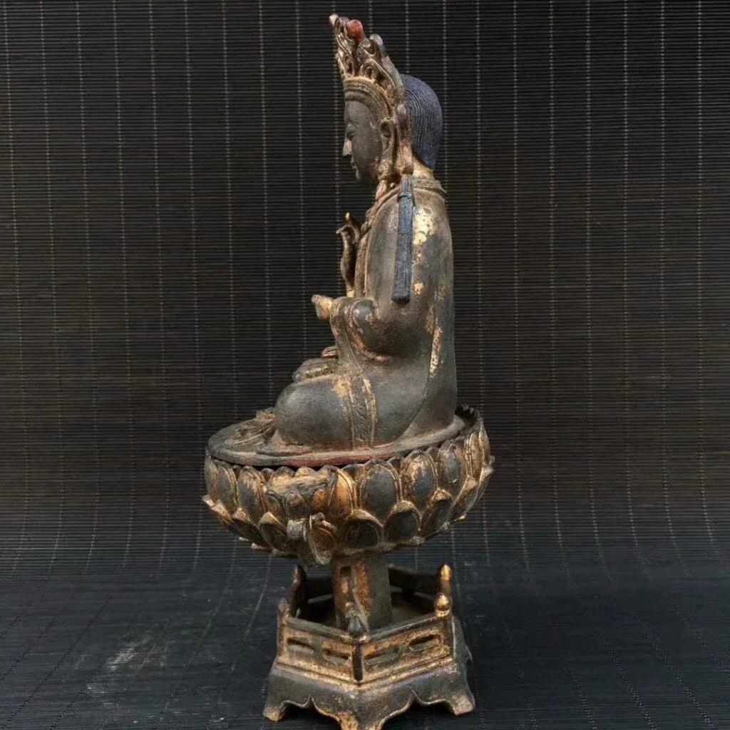 Ancienne statue de Bouddha Jambhala jaune fait main bronze doré - Kikooyou Art Gallery