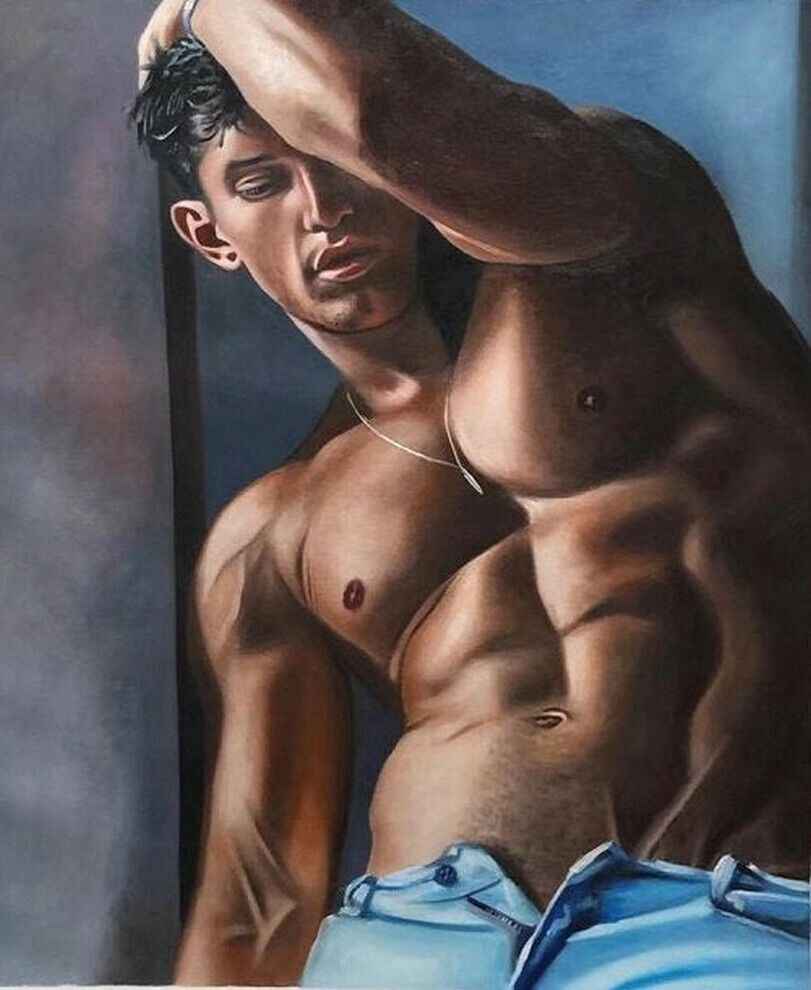 art-decoration-tableau-peinture-huile-toile-portrait-masculin-male-homme-torse-nu