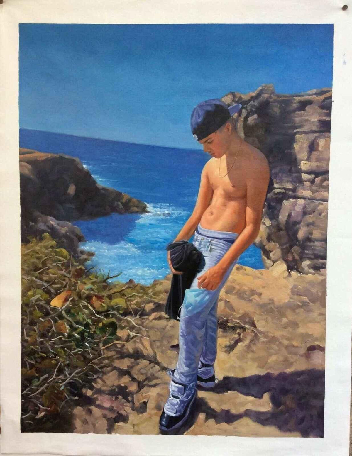 tableau peinture originale huile sur toile jeune homme torse nu à la plage - Kikooyou Art Gallery