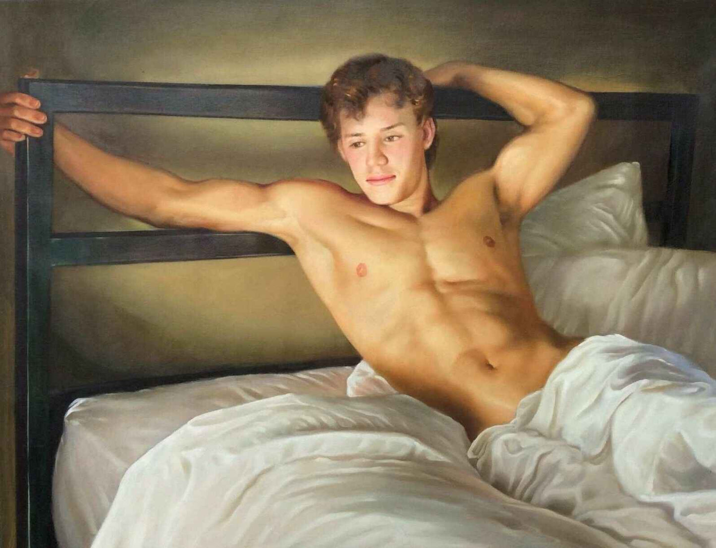 art-decoration-tableau-peinture-huile-toile-originale-portrait-masculin-homme-torse-nu-allongé-lit