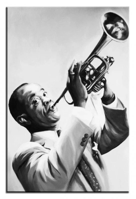 art-Portrait-star-musicien-trompette-noir-blanc-Louis Armstrong-homme-peinture huile sur toile - Kikooyou Art Gallery