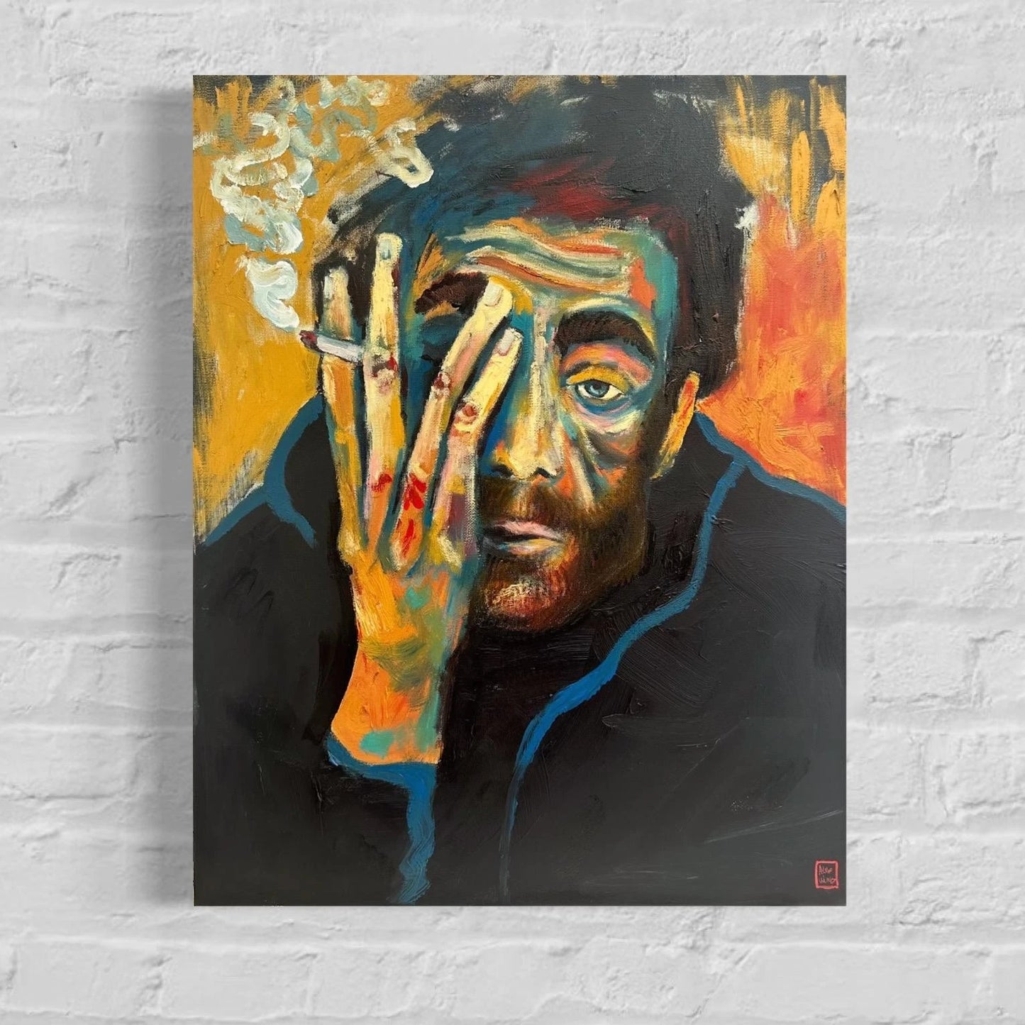 art-moderne-nu-masculin-homme-torse-nu-barbu-fume-cigarette-peinture-originale-huile-toile