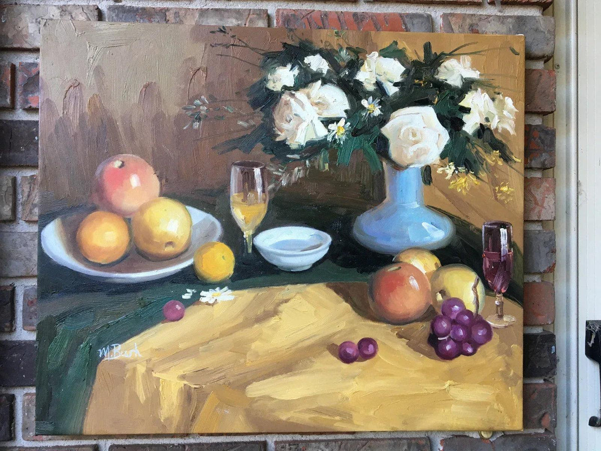 art-decoration-tableau-peinture-huile-toile-nature-morte-fleurs-roses-vase-fruits - Kikooyou Art Gallery