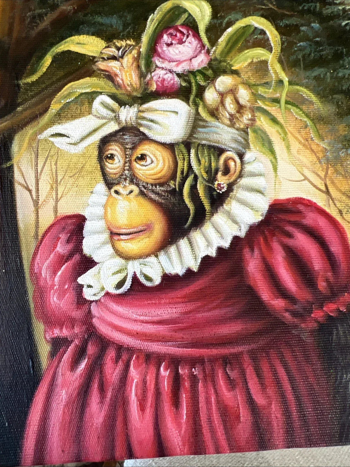 art-decoration-tableau-peinture-huile-toile-surrealisme-portrait-singe-petite-fleurs-fruits-d'apres Donald Roller - Kikooyou Art Gallery