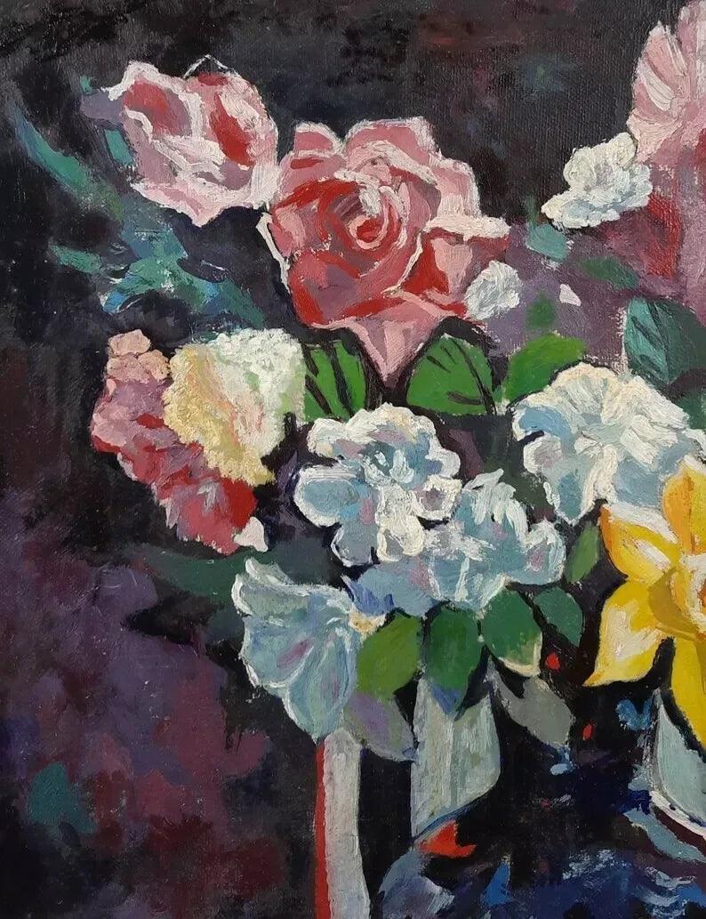 Bouquet de fleurs,dans vase, art ancien, peinture à l'huile originale sur panneau - Kikooyou Art Gallery