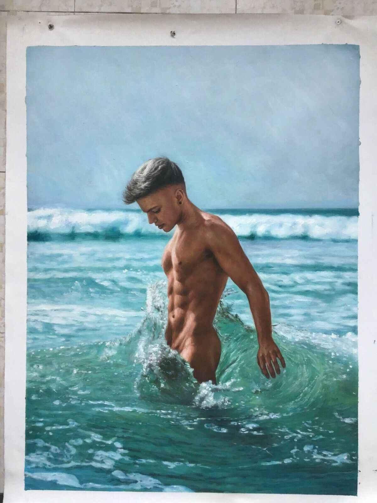 tableau peinture érotique huile sur toile homme nu à la plage - Kikooyou Art Gallery