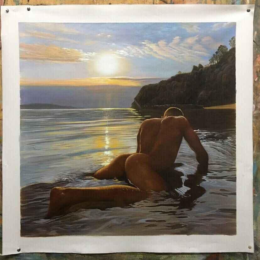 tableau peinture érotique huile sur toile homme nu intégrale à la plage - Kikooyou Art Gallery