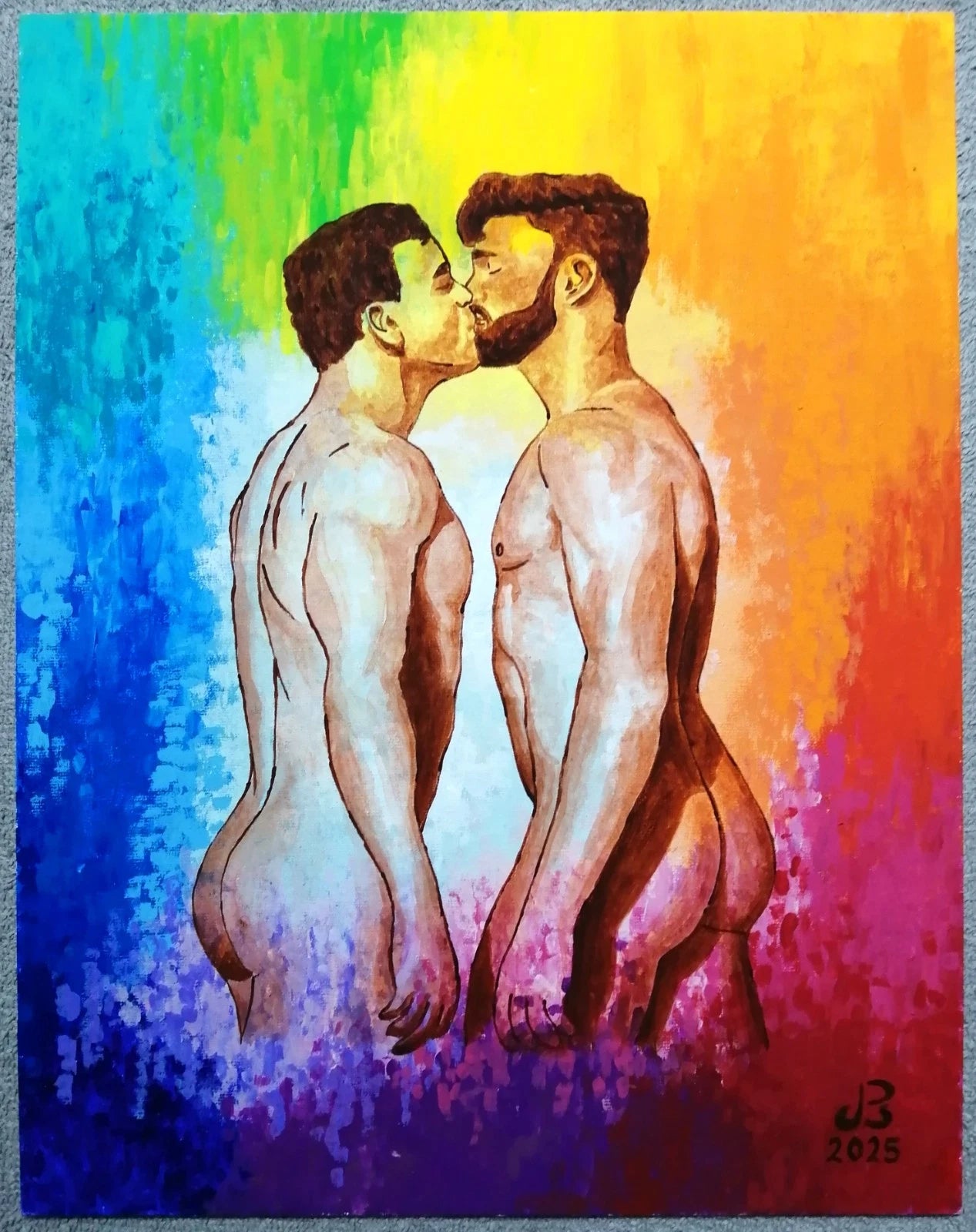 art-decoration-tableau-peinture-huile-toile-portrait male-homme-nu-kiss-arc en ciel