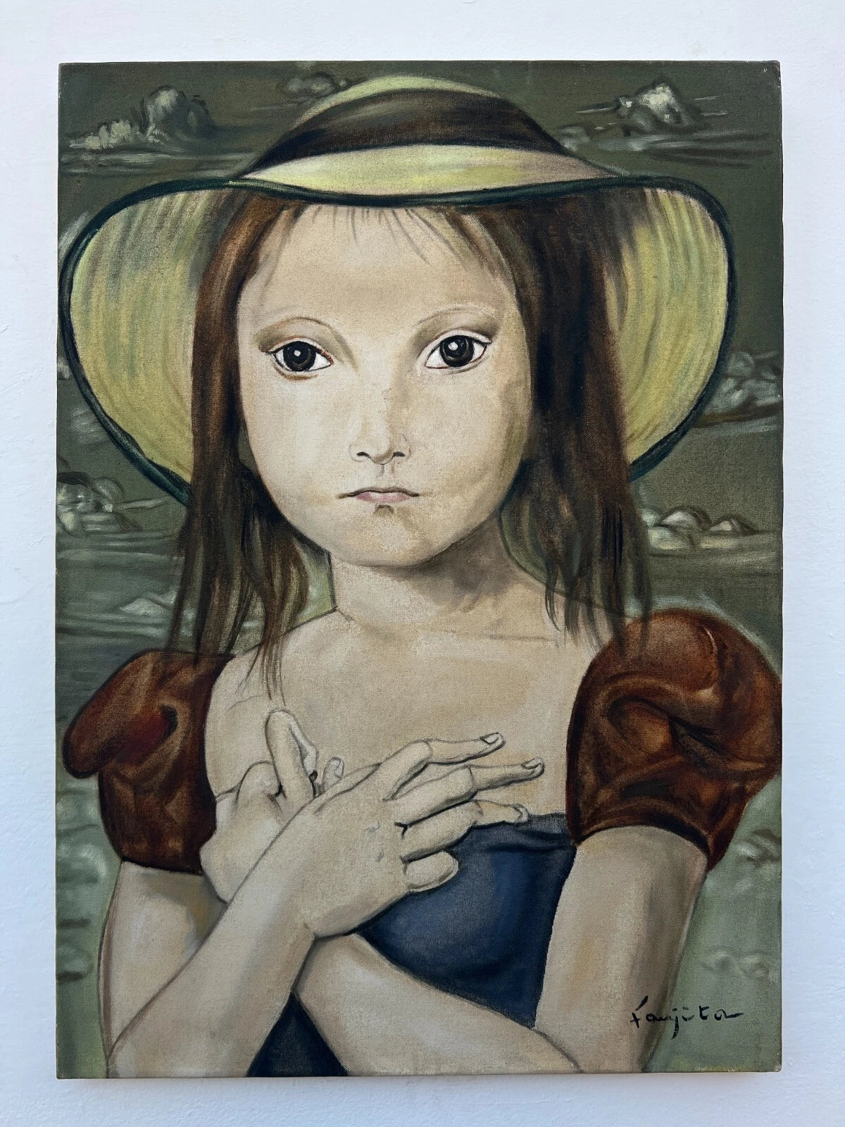 art-decoration-tableau-peinture-huile-toile-moderne-portrait-petite-fille-personnage-enfant-blanche-d'aprés Tsuguharu Foujita