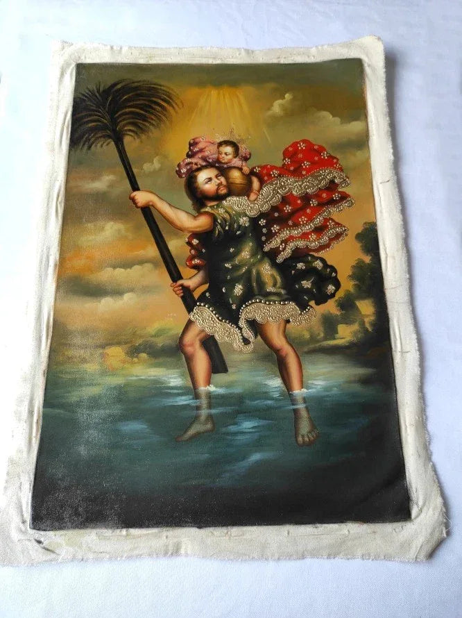 Tableau huile original Saint Christophe, tableau école Cuzco - Kikooyou Art Gallery