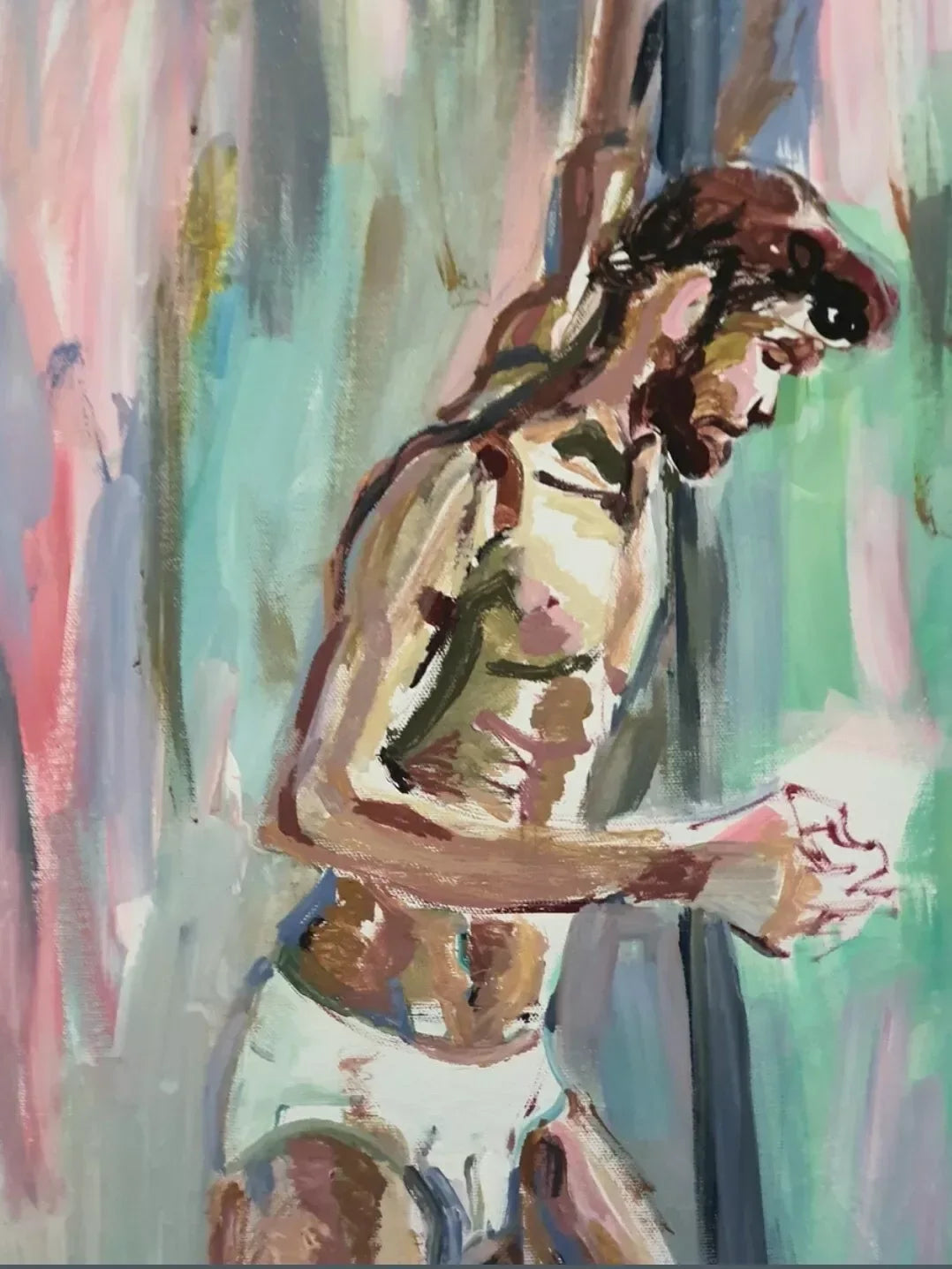 art-decoration-tableau-peinture-moderne-huile-toile-portrait-masculin-homme-jeune-barbu-slip-blanc - Kikooyou Art Gallery