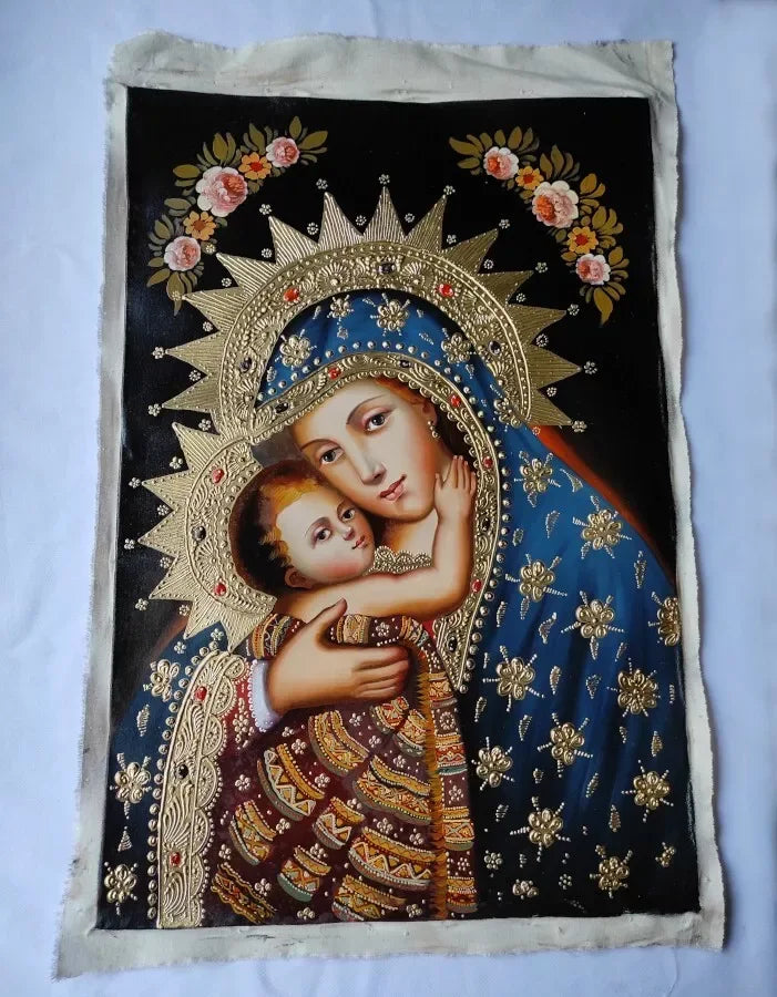art-decoration-tableau-peinture-huile-toile-portrait-religieux-sainte-vierge-marie-enfant-jesus-cuzco - Kikooyou Art Gallery
