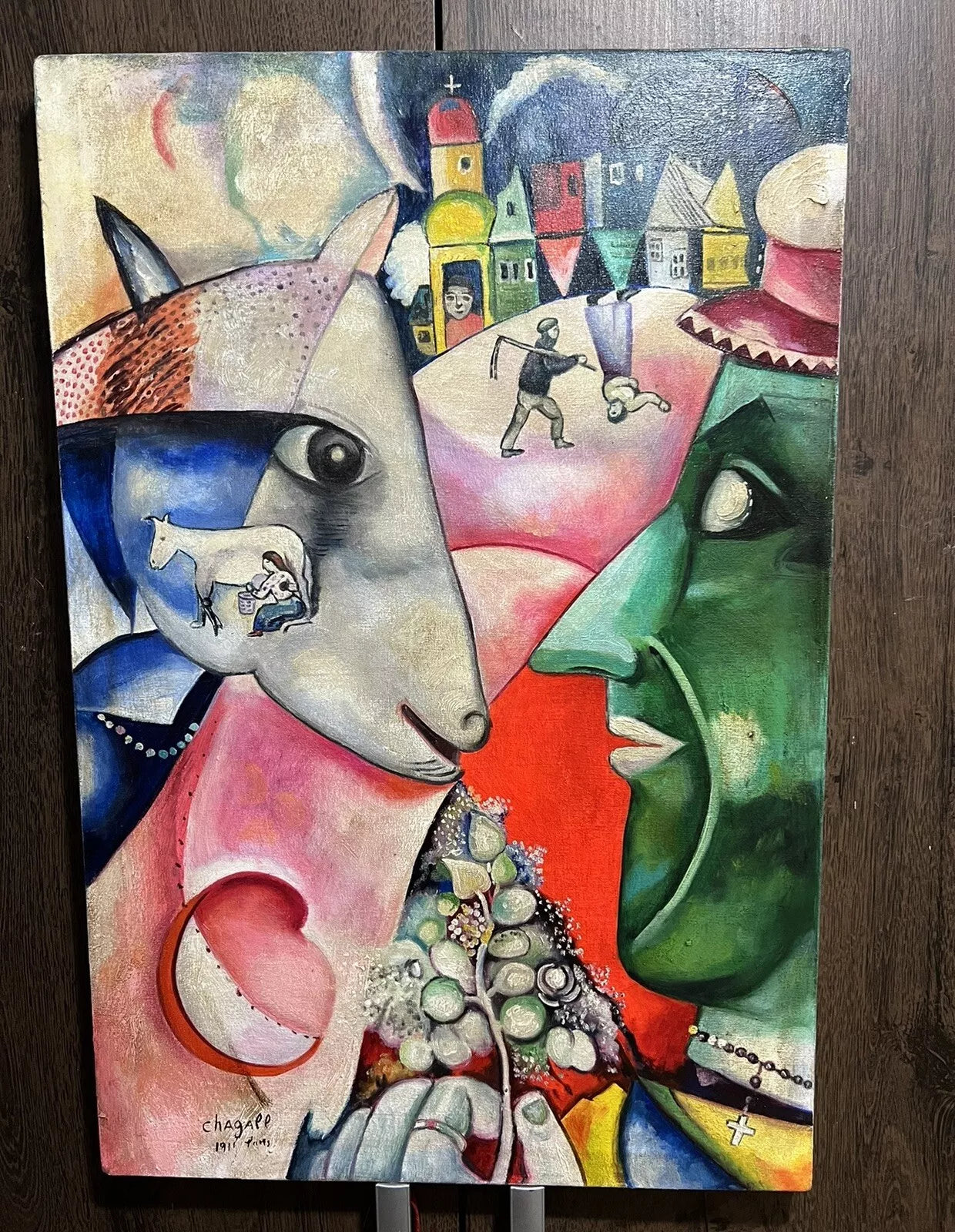 art-abstrait-personnages-ferme-peinture-huile-toile-inspirée de Chagall