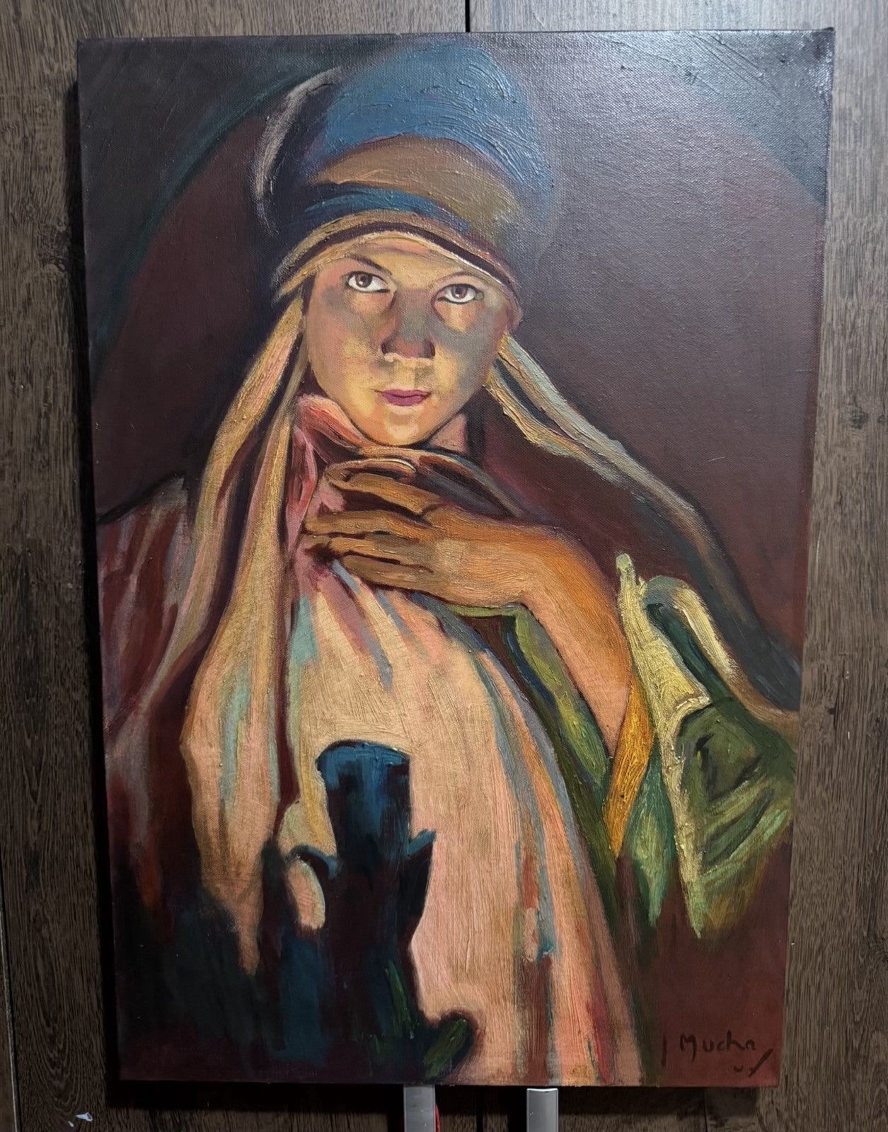 art-decoration-tableau-peinture-huile-toile-art nouveau-portrait-feminin-femme-turban-d'après Mucha