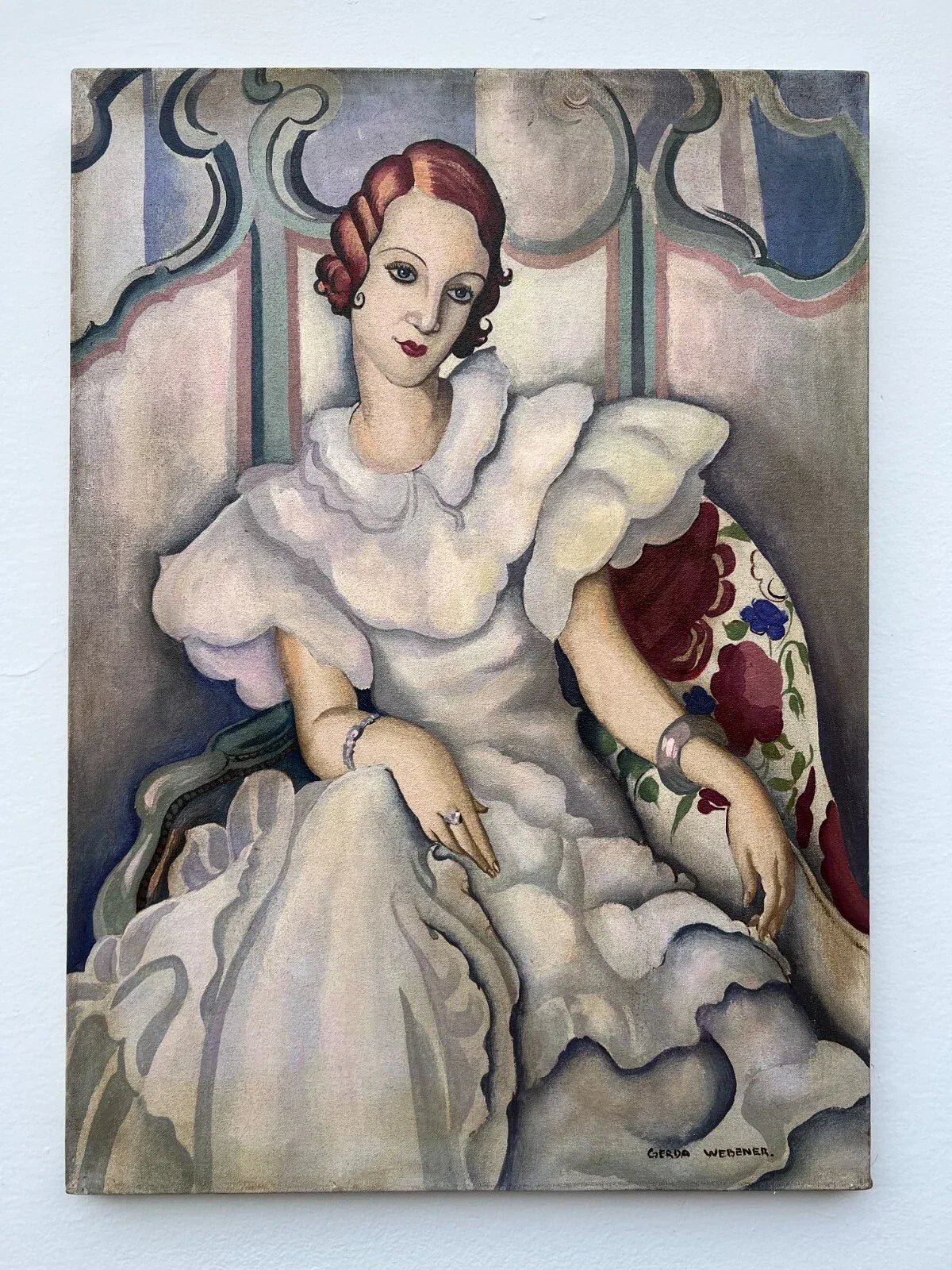 art-decoration-tableau-peinture-huile-toile-moderne-portrait-feminin-femme-personnage-robe-blanche-d'aprés Gerda Wegener - Kikooyou Art Gallery