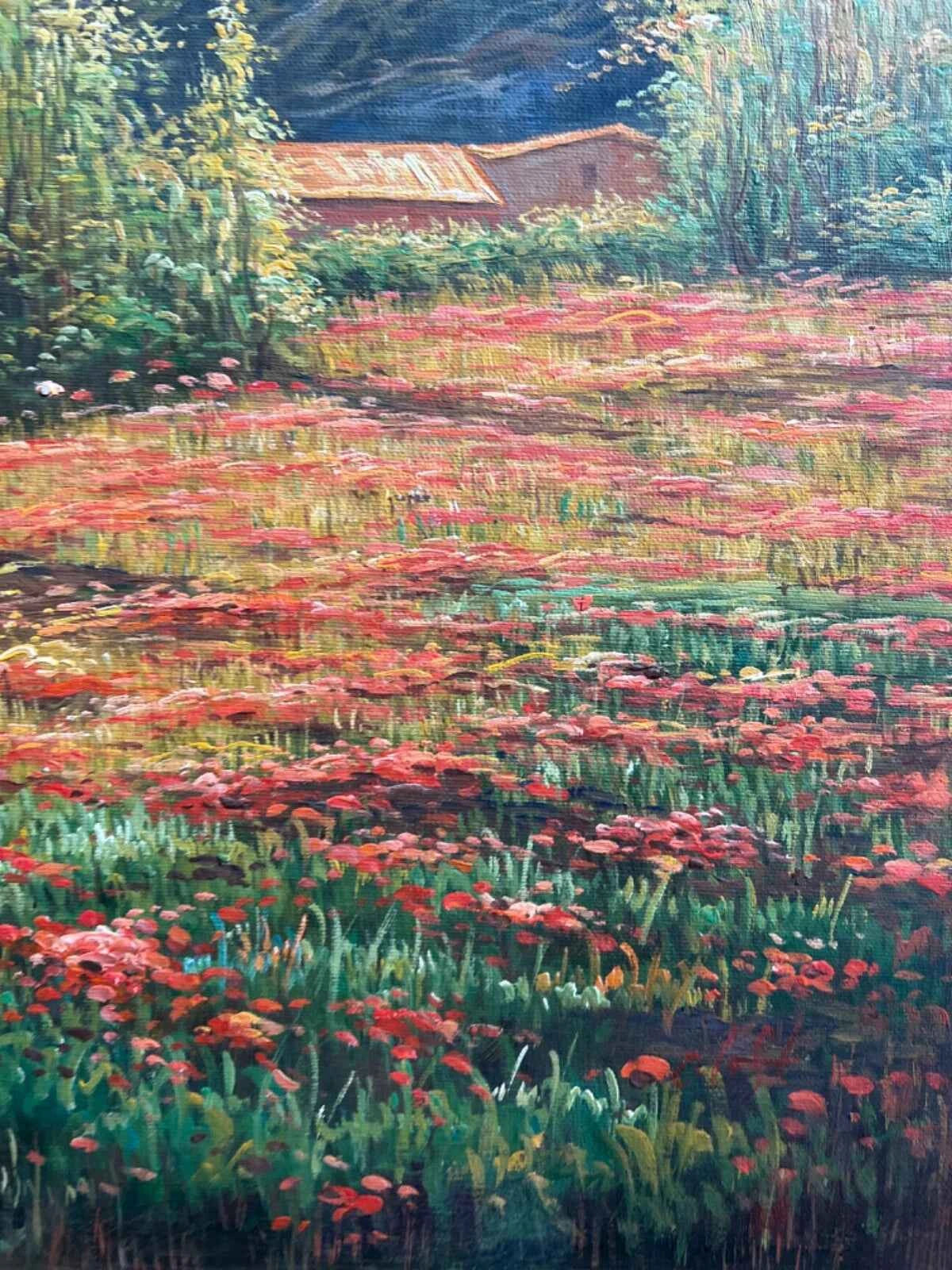 art-paysage-campagne-champ-fleurs-peinture-huile sur toile