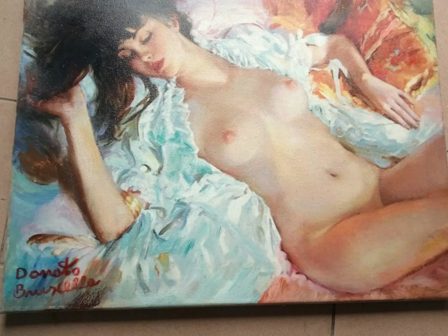 art-decoration-erotique-tableau-peinture-huile-toile-femme-denudée-seins nus-poitrine-endormie - Kikooyou Art Gallery