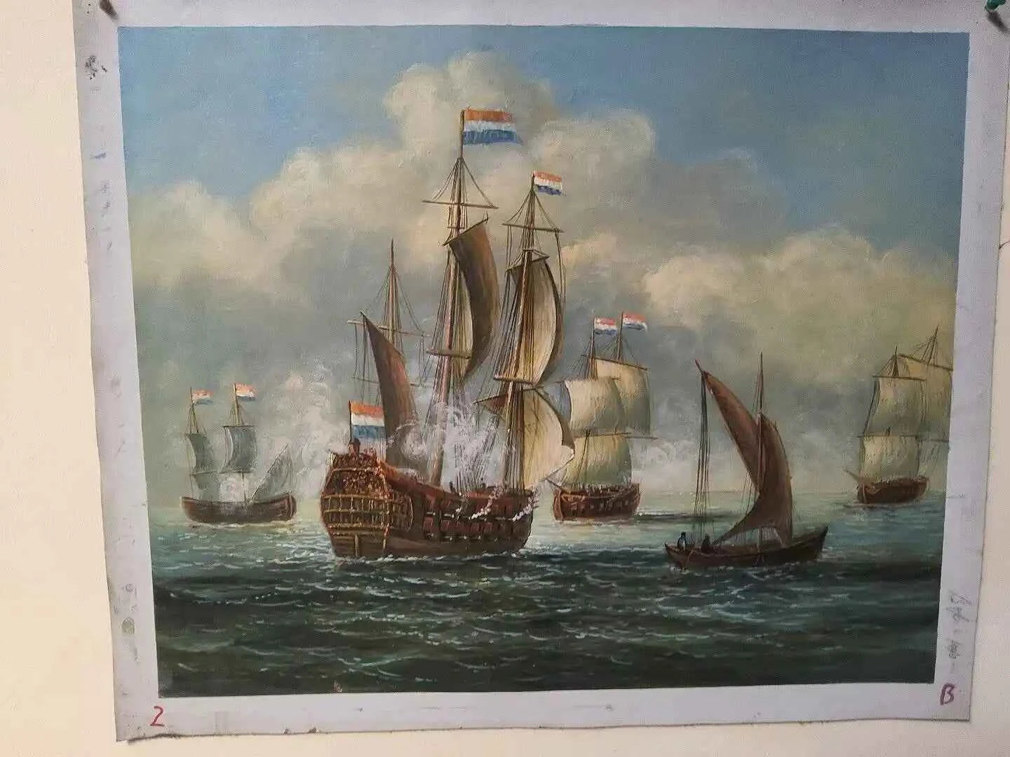 art-peinture-bataille-navale-navire-bateaux-voiles-huile-toile