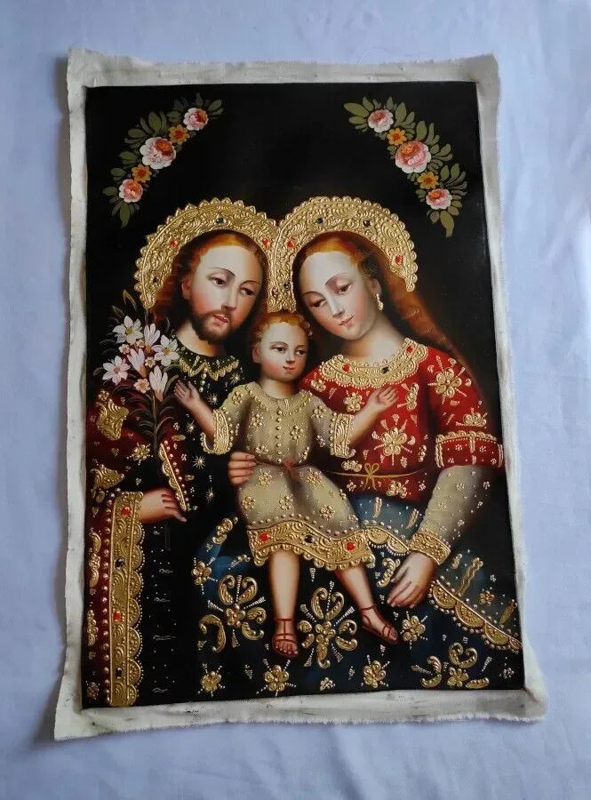 Sainte Famille, sainte-Sacrée Famille, Peinture à l'huile originale, Peinte à la main, Peinture Cusco-religion - Kikooyou Art Gallery
