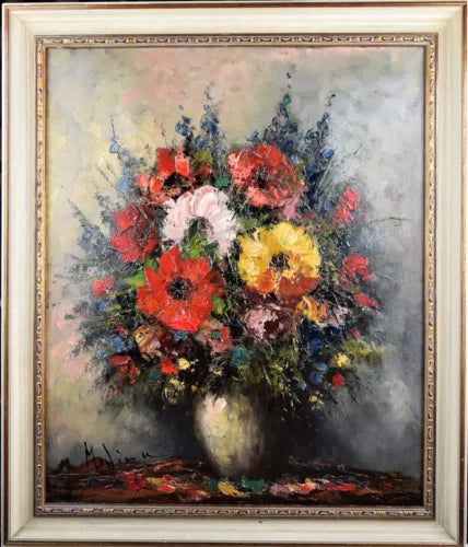 Tableau ancien original tableau signé nature morte bouquet fleurs dans vase