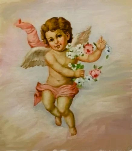 art-decoration-tableau-peinture-huile-toile-portrait-angelot-fleurs