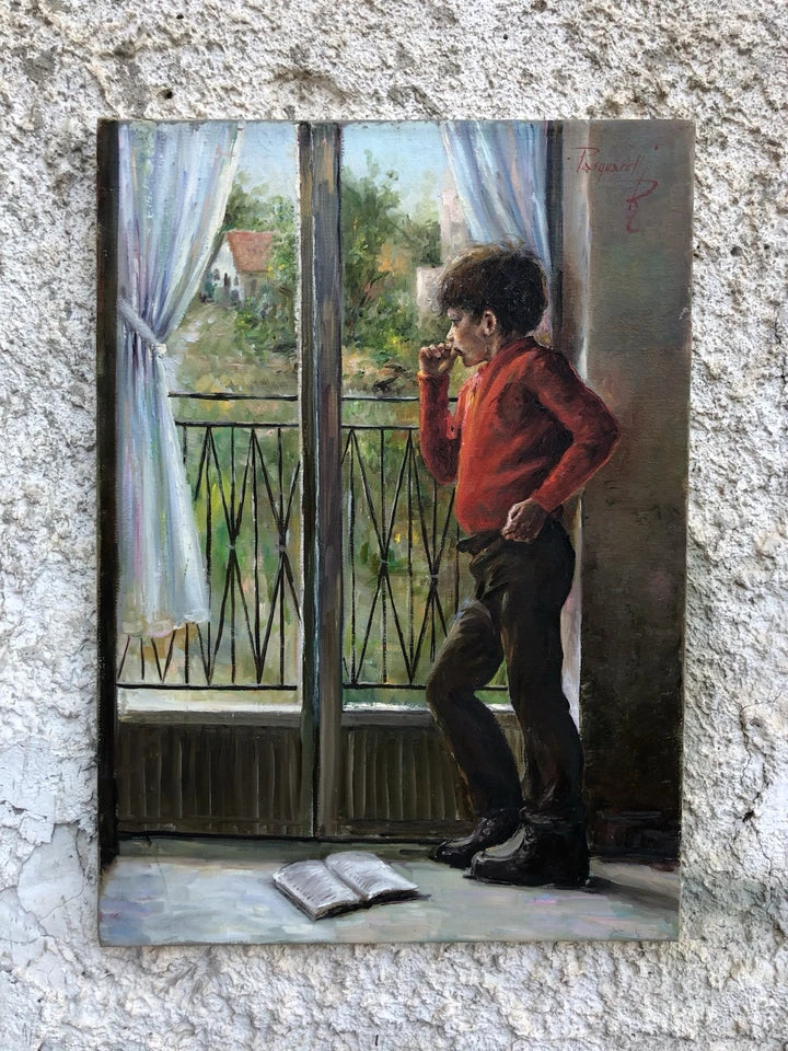 art-peinture-tableau-scene-garçon-fenetre-songe-liberté-huile-toile