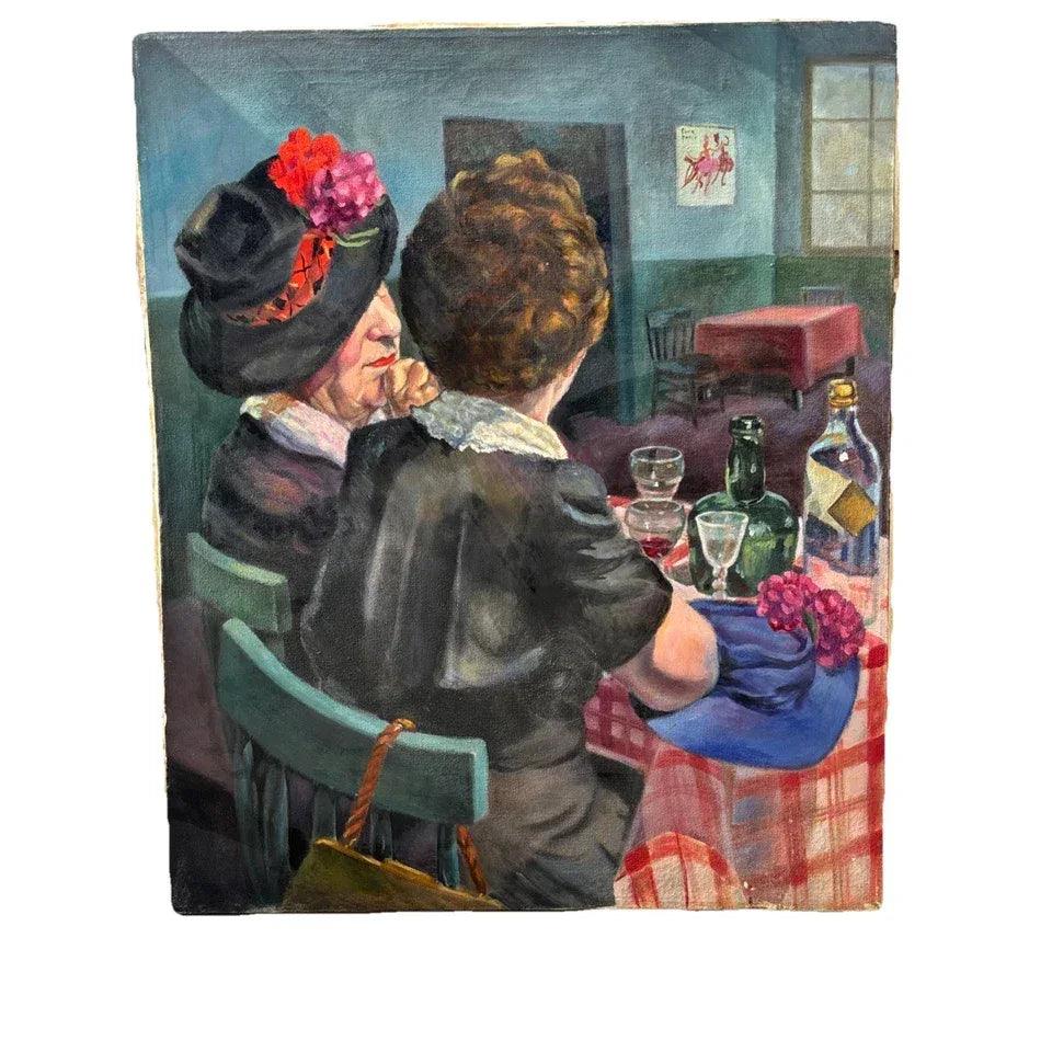 Tableau ancien huile sur toile milieu de siècle-femme-café-art-moderne - Kikooyou Art Gallery