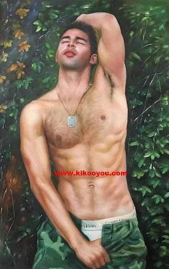 Peinture réaliste jeune homme torse nu en vêtements militaires dans une végétation luxuriante - Kikooyou Art Gallery