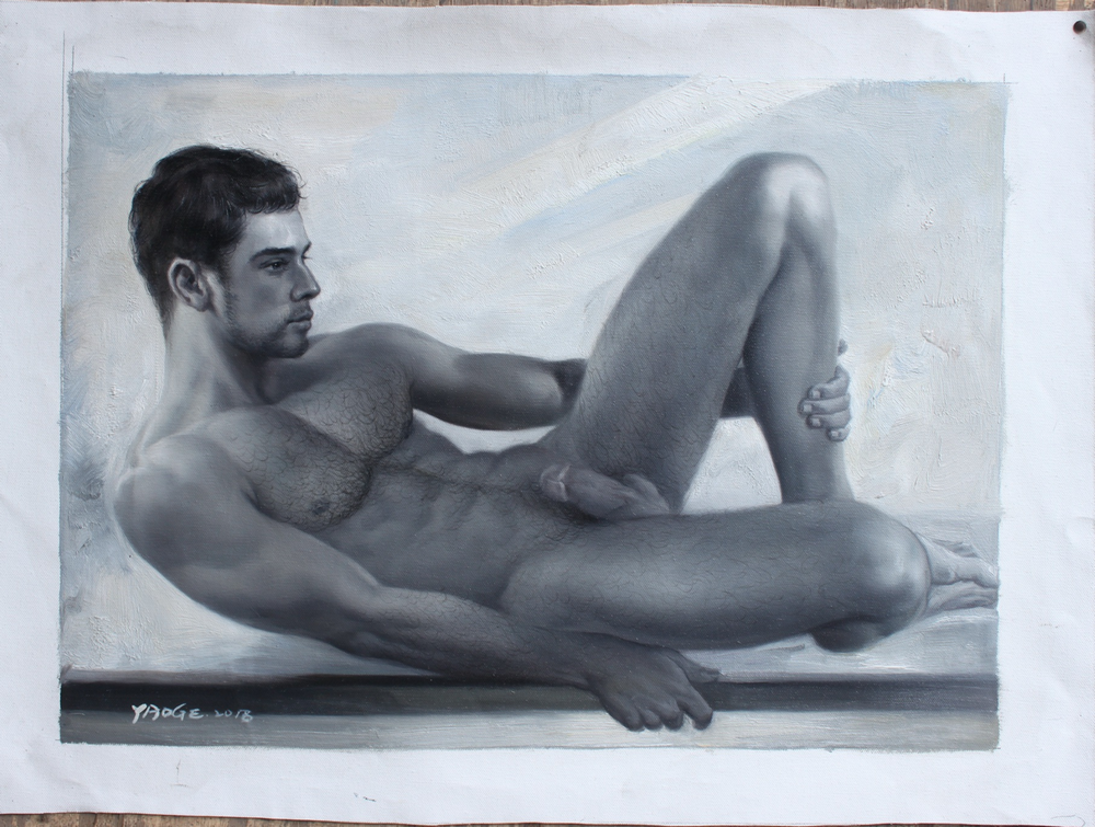 Art peinture originale huile sur toile portrait homme nu noir et blanc