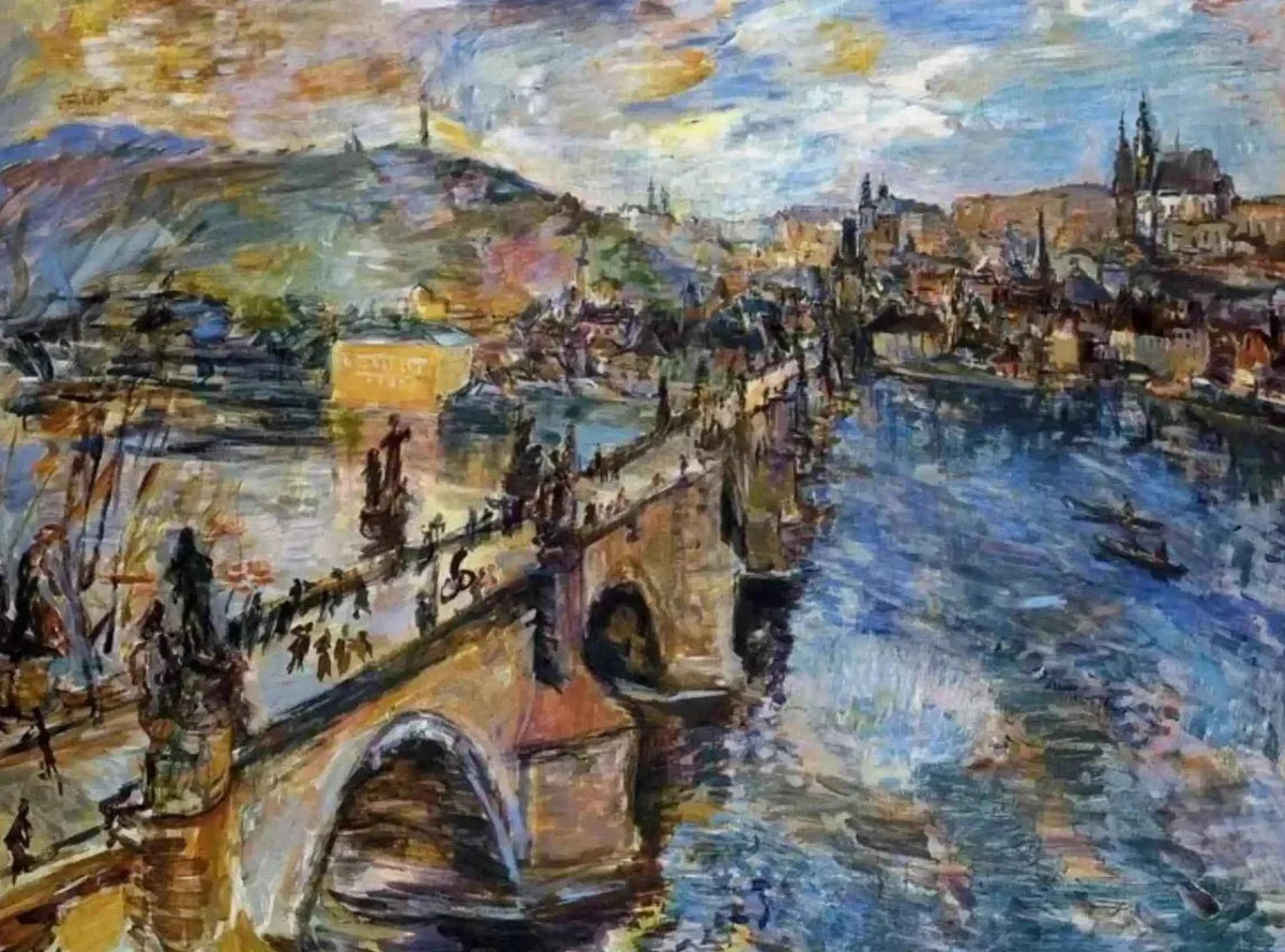 art-paysage-pont-fleuve-ville-peinture-huile-toile - Kikooyou Art Gallery