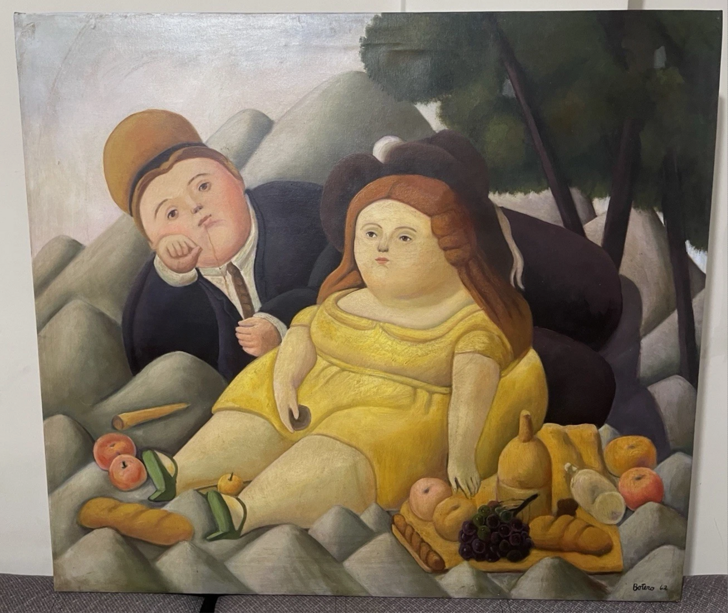 art-decoration-tableau-peinture-huile-toile-scene-picnic-fat-d'apres Botero