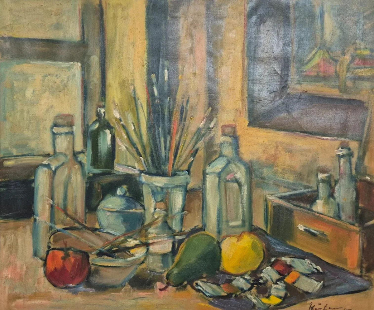 Tableau huile signé daté 1947 peinture moderne nature morte atelier - Kikooyou Art Gallery