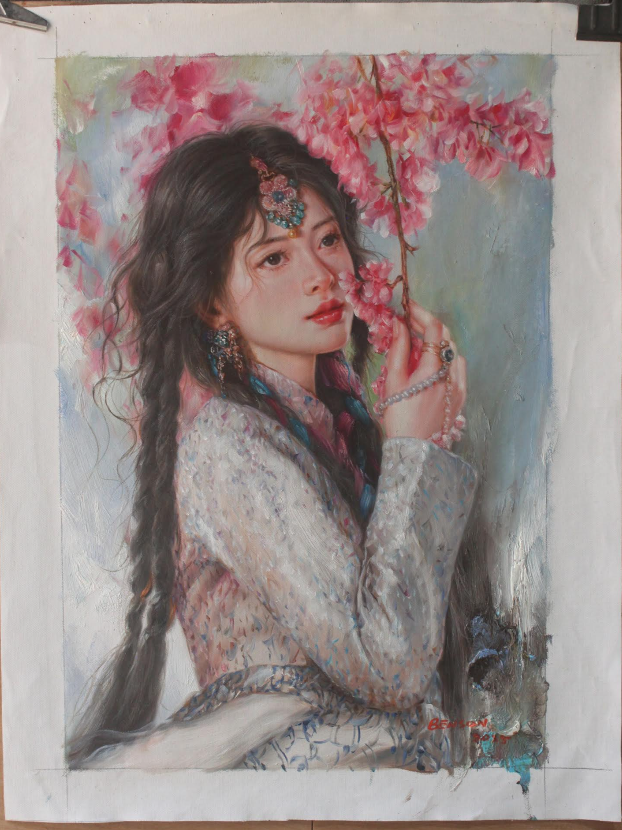 art-decoration-tableau-peinture-huile-toile-portrait-jeune-fille-asiatique-classique-arbre-fleurs